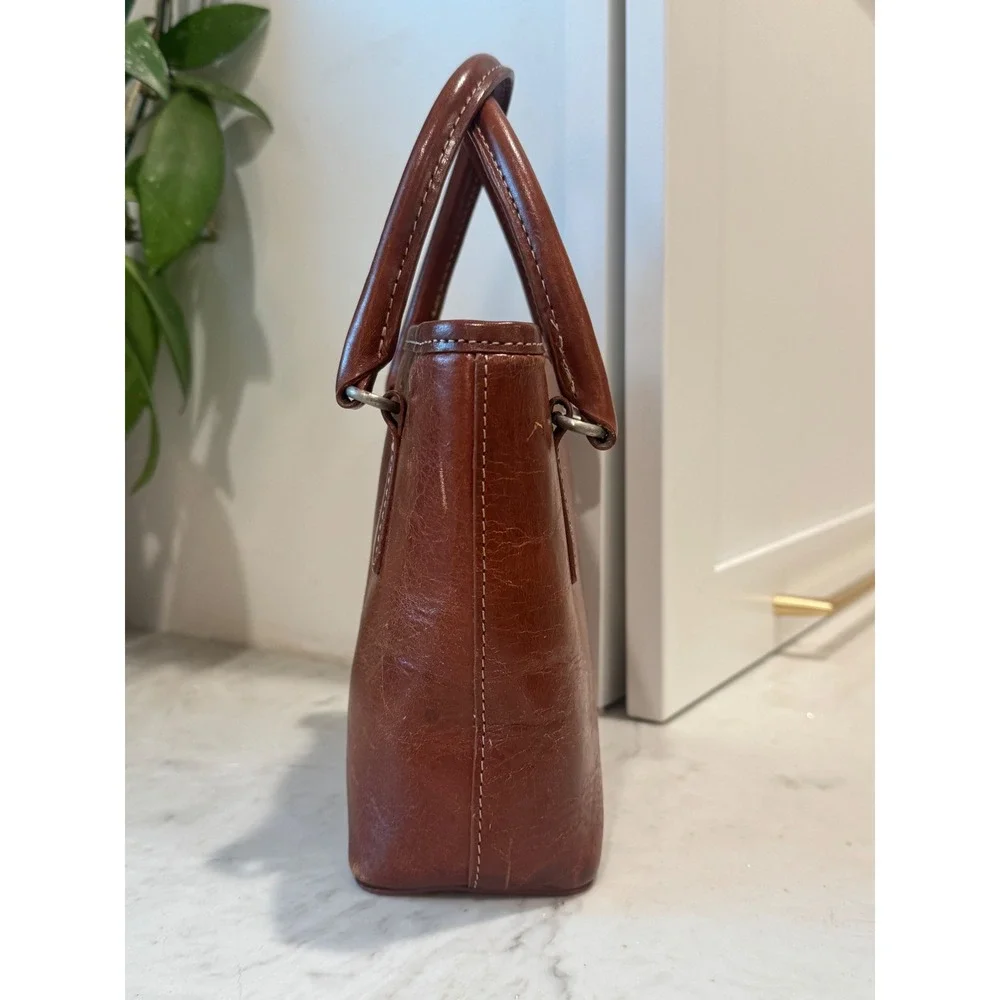 Fossil Mini Tote Hand Bag Womens Small Brown Leather Vintage Contrast Stitch